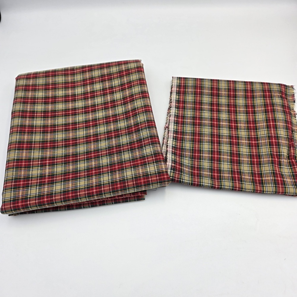 2 Pieces Cotton Lightweight Tartan Fabric Red Gold Green White Plaid